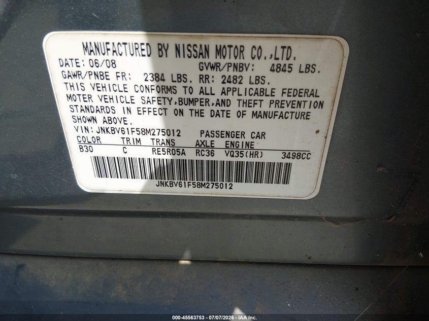 2008 Infiniti G35 VIN JNKBV61F58M275012 IAAI salvage auction — NORMAL WEAR, Clear (Georgia), sold $275 on 2026-07-30 (photo 9)