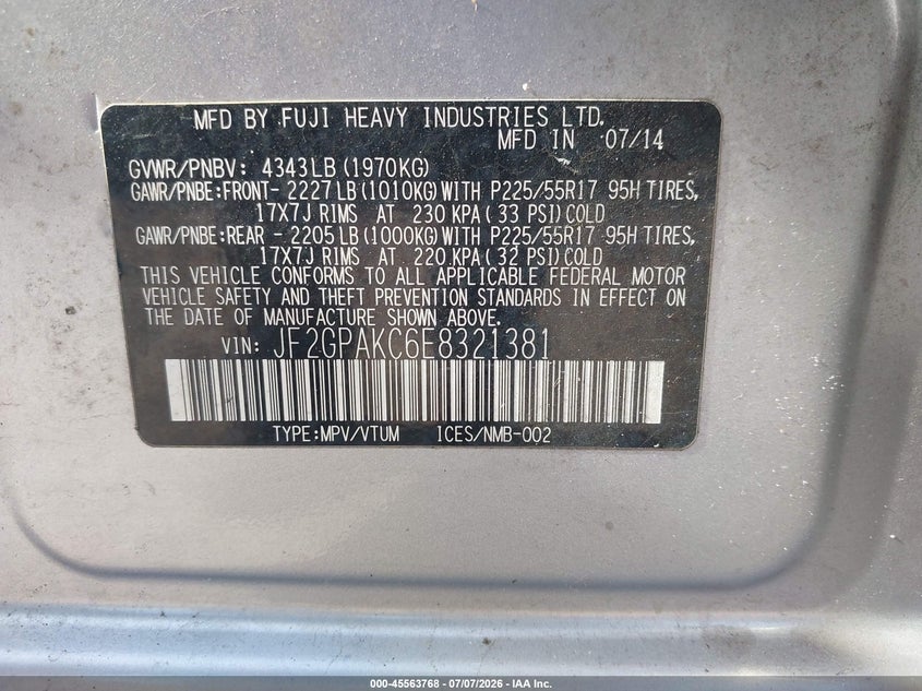 2014 Subaru Xv VIN JF2GPAKC6E8321381 IAAI salvage auction — LEFT REAR, Salvage Title, sold $900 on 2026-07-21 (photo 9)