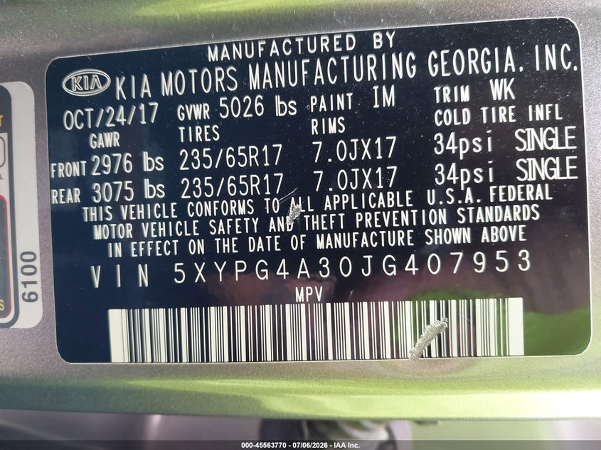 2018 Kia Sorento VIN 5XYPG4A30JG407953 IAAI salvage auction — NORMAL WEAR, Salvage Title, sold $1,500 on 2026-07-30 (photo 9)