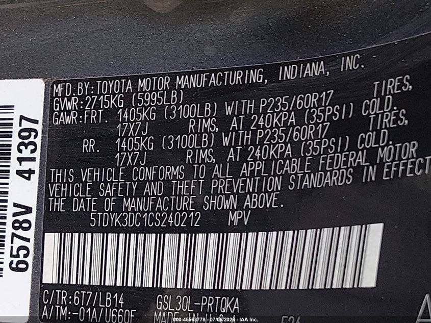2012 Toyota Sienna VIN 5TDYK3DC1CS240212 IAAI salvage auction — SIDE, Salvage Title, sold $3,650 on 2026-08-01 (photo 9)