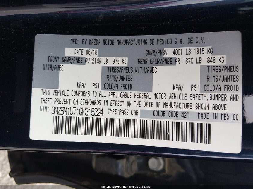 2016 Mazda 3 VIN 3MZBM1U71GM315324 IAAI salvage auction — FRONT END, Salvage (Louisiana), sold $925 on 2026-07-18 (photo 9)
