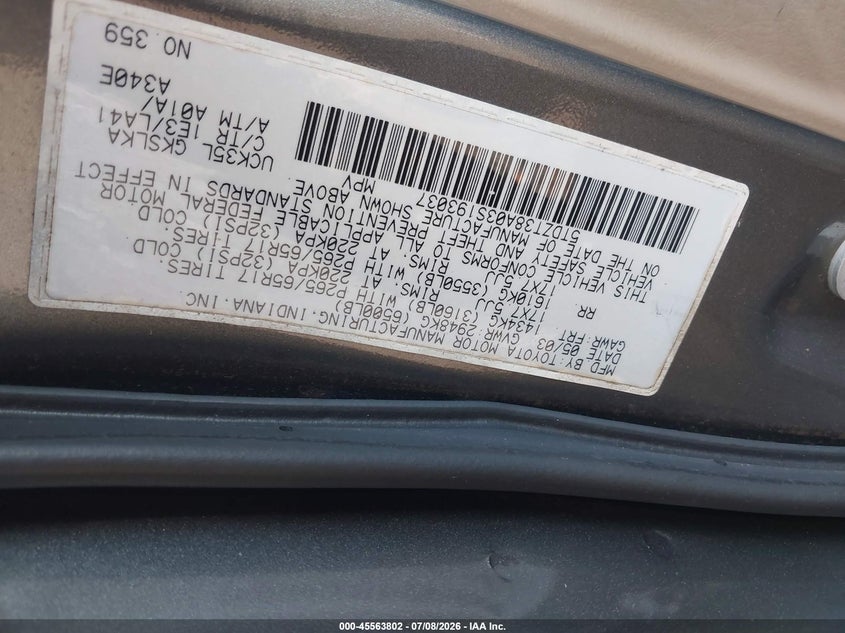 2003 Toyota Sequoia VIN 5TDZT38A03S193037 IAAI salvage auction — RIGHT FRONT, Salvage (South Carolina), sold $1,300 on 2026-07-28 (photo 9)
