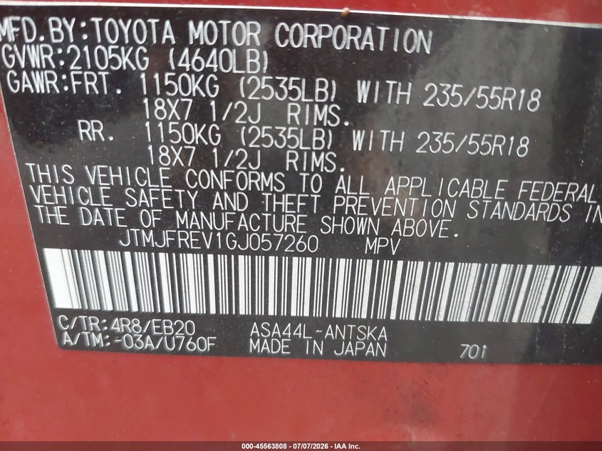 2016 Toyota Rav 4 VIN JTMJFREV1GJ057260 IAAI salvage auction — REAR END, Salvage (Virginia), sold $5,400 on 2026-07-27 (photo 9)