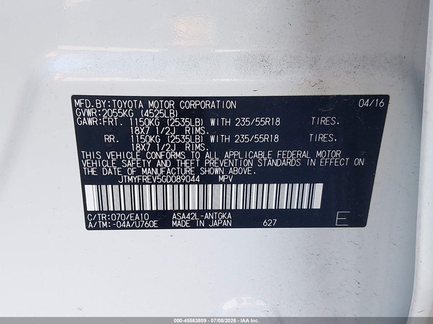 2016 Toyota Rav 4 VIN JTMYFREV5GD089044 IAAI salvage auction — REAR END, Rebuildable (Florida), sold $6,100 on 2026-07-26 (photo 9)