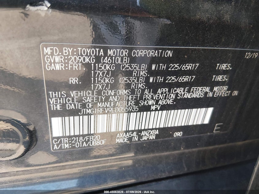 2020 Toyota Rav 4 VIN JTMG1RFV9LD055935 IAAI salvage auction — FRONT END, Salvage (Ohio), sold $25 on 2026-07-28 (photo 9)