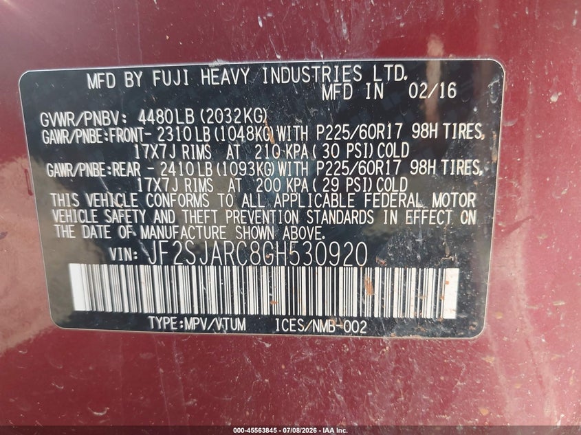2016 Subaru Forester VIN JF2SJARC8GH530920 IAAI salvage auction — FRONT END, Salvage (Oklahoma), sold $25 on 2026-07-29 (photo 9)