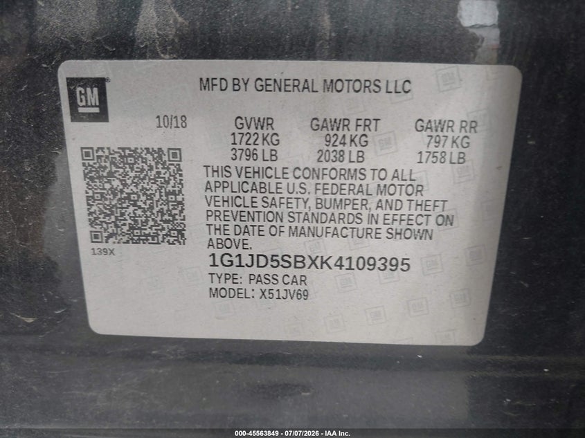 2019 Chevrolet SONIC VIN 1G1JD5SBXK4109395 IAAI salvage auction — FRONT END, Salvage (Pennsylvania), sold $400 on 2026-07-22 (photo 9)