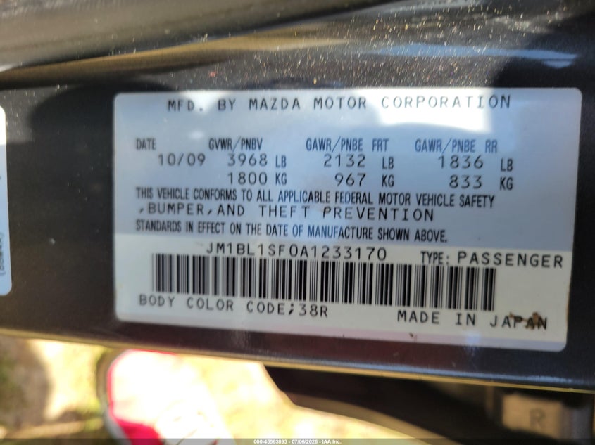 2010 Mazda 3 VIN JM1BL1SF0A1233170 IAAI salvage auction — NORMAL WEAR, Salvage Rebuilt (North Carolina), sold $225 on 2026-07-28 (photo 9)