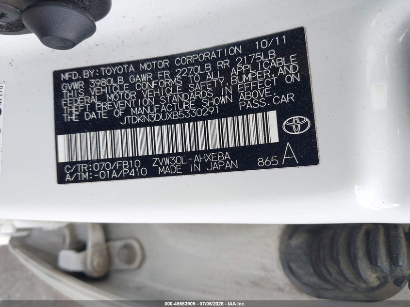2011 Toyota Prius VIN JTDKN3DUXB5330291 IAAI salvage auction — NORMAL WEAR, Clear (North Carolina), sold $1,300 on 2026-07-15 (photo 9)