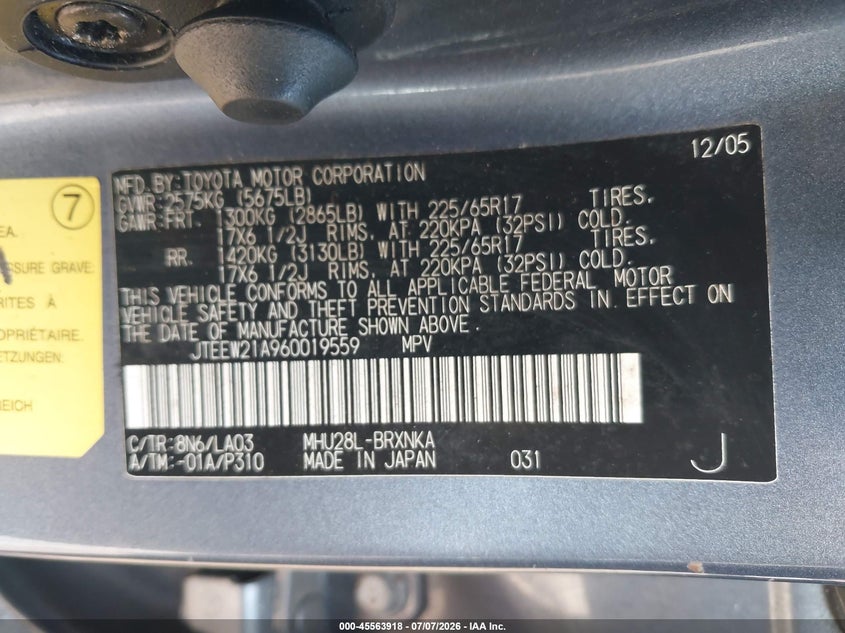 2006 Toyota Highlander hybrid VIN JTEEW21A960019559 IAAI salvage auction — ELECTRICAL, Clear (Florida), sold $800 on 2026-07-08 (photo 9)