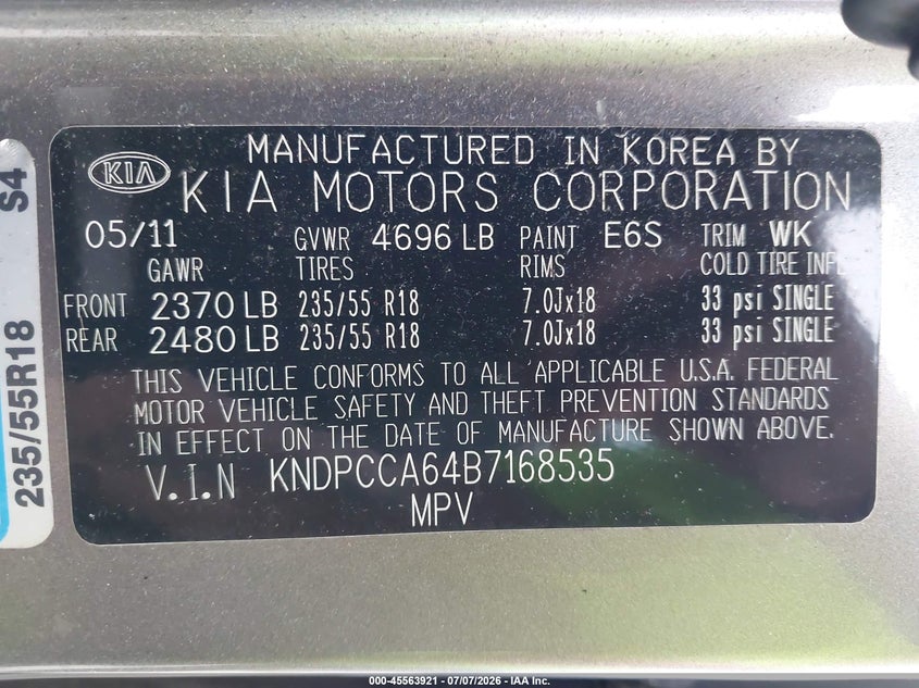 2011 Kia Sportage VIN KNDPCCA64B7168535 IAAI salvage auction — NORMAL WEAR, Clear (Maryland), sold $800 on 2026-07-23 (photo 9)