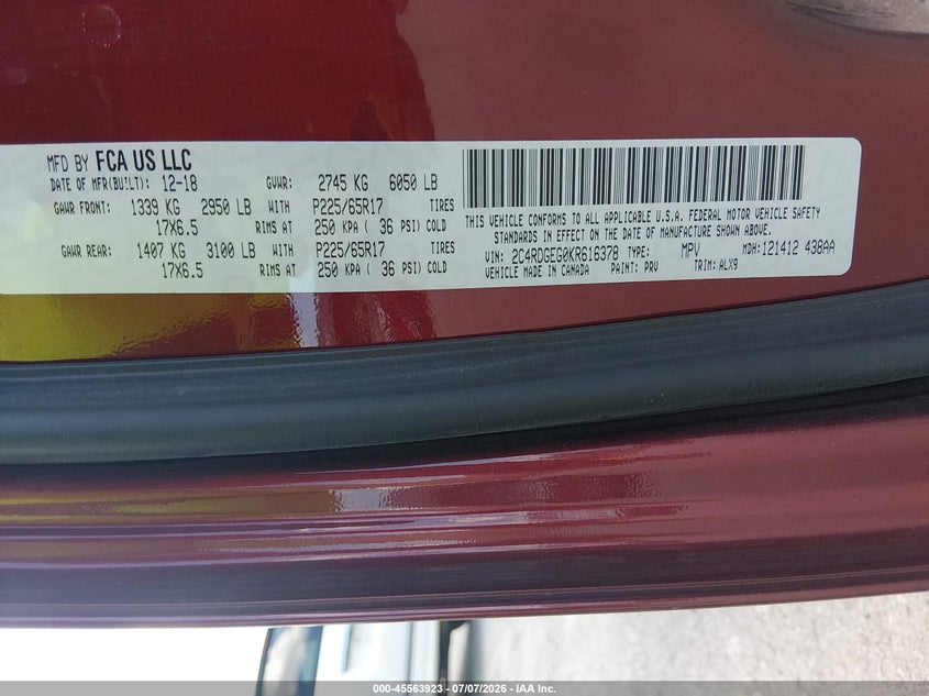2019 Dodge Caravan VIN 2C4RDGEG0KR616378 IAAI salvage auction — RIGHT FRONT, Salvage Title, sold $2,000 on 2026-08-01 (photo 9)
