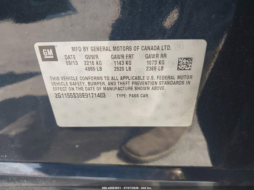 2014 Chevrolet Impala VIN 2G1155S38E9171403 IAAI salvage auction — FRONT END, Salvage (Texas), sold $975 on 2026-07-22 (photo 9)