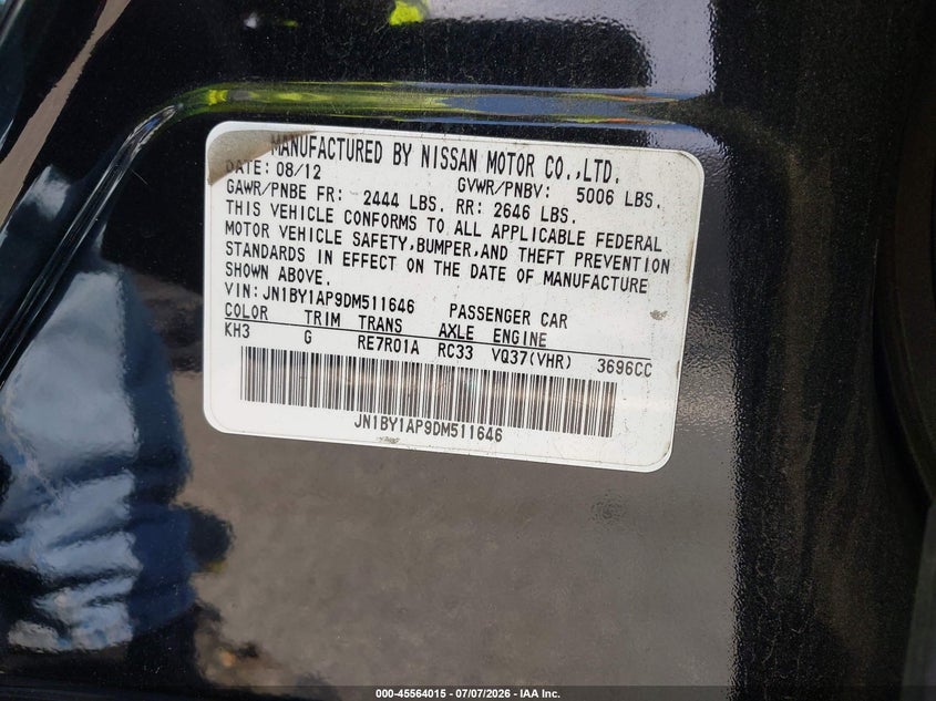 2013 Infiniti M VIN JN1BY1AP9DM511646 IAAI salvage auction — FRONT END, Salvage (North Carolina), sold $25 on 2026-07-29 (photo 9)