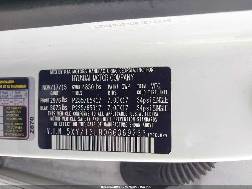 2016 Hyundai Santa fe VIN 5XYZT3LB0GG369233 IAAI salvage auction — NORMAL WEAR, Clear (Georgia), sold $2,000 on 2026-07-28 (photo 9)