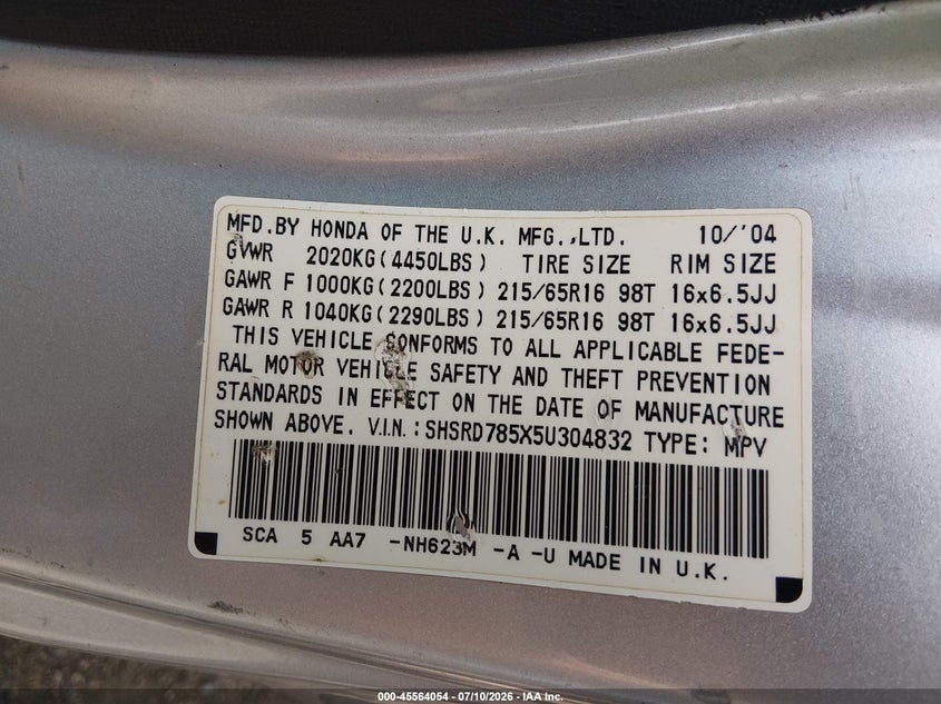 2005 Honda Cr-v VIN SHSRD785X5U304832 IAAI salvage auction — NORMAL WEAR, Original (Ohio), sold $200 on 2026-07-29 (photo 9)