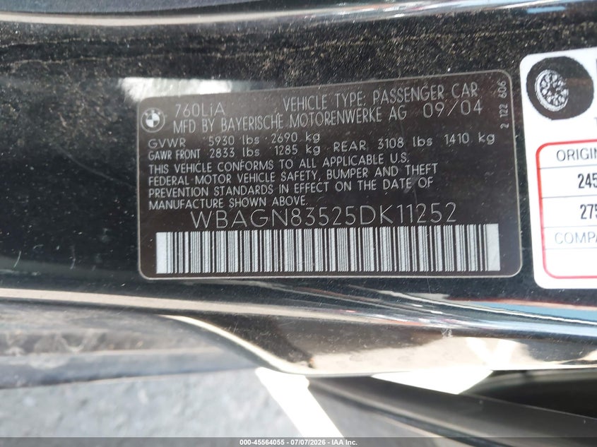 2005 BMW 7 series VIN WBAGN83525DK11252 IAAI salvage auction — FRONT & REAR, Clear (Oregon), sold $500 on 2026-07-14 (photo 9)