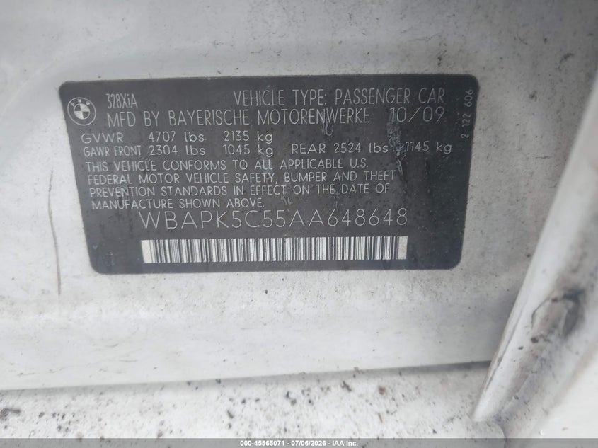 2010 BMW 3 series VIN WBAPK5C55AA648648 IAAI salvage auction — NORMAL WEAR, Clear (New York), sold $475 on 2026-07-16 (photo 9)
