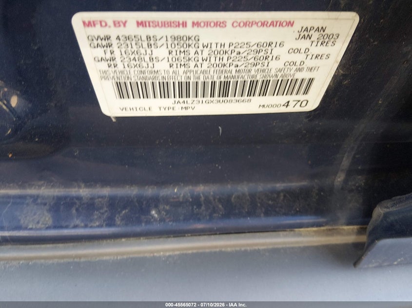 2003 Mitsubishi Outlander VIN JA4LZ31GX3U083668 IAAI salvage auction — NORMAL WEAR, Clear (Colorado), sold $175 on 2026-07-28 (photo 9)