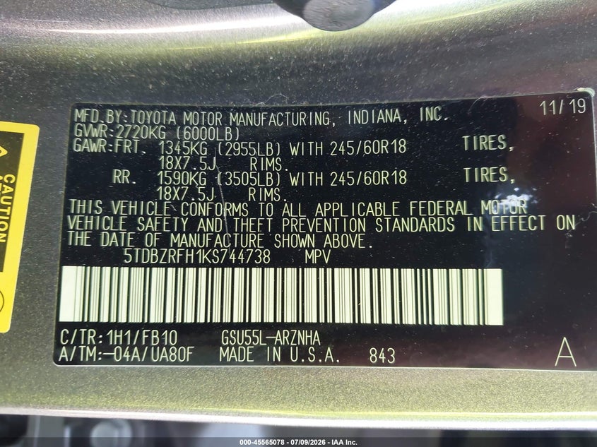 2019 Toyota Highlander VIN 5TDBZRFH1KS744738 IAAI salvage auction — FRONT END, Salvage (Tennessee), sold $3,350 on 2026-07-22 (photo 9)