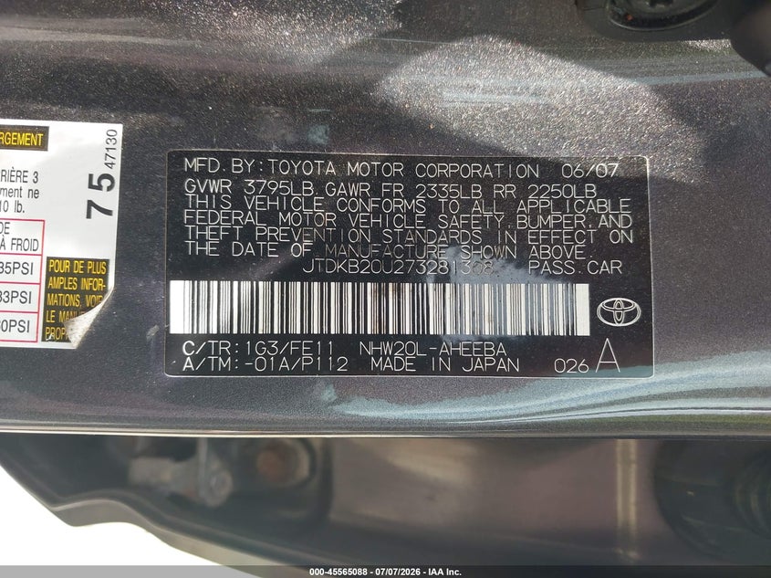2007 Toyota Prius VIN JTDKB20U273281308 IAAI salvage auction — NORMAL WEAR, Clear (Virginia), sold $525 on 2026-07-13 (photo 9)