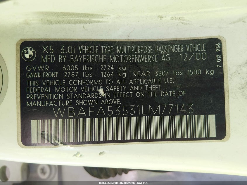 2001 BMW X5 VIN WBAFA53531LM77143 IAAI salvage auction — NORMAL WEAR, Clear (New Mexico), sold $4,050 on 2026-07-20 (photo 9)