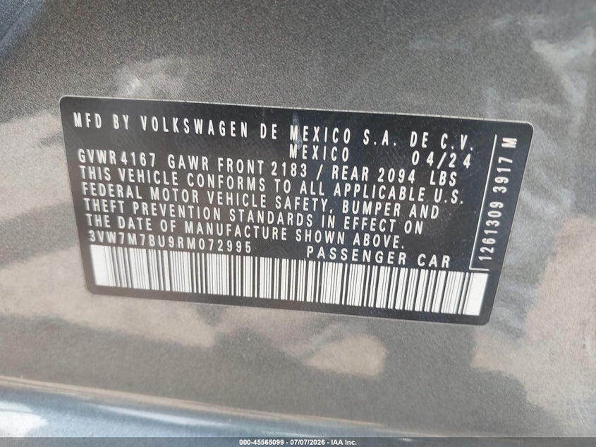 2024 Volkswagen Jetta VIN 3VW7M7BU9RM072995 IAAI salvage auction — LEFT SIDE, Enterprise Vehicles Clear Only (Louisiana), sold $6,050 on 2026-07-09 (photo 9)