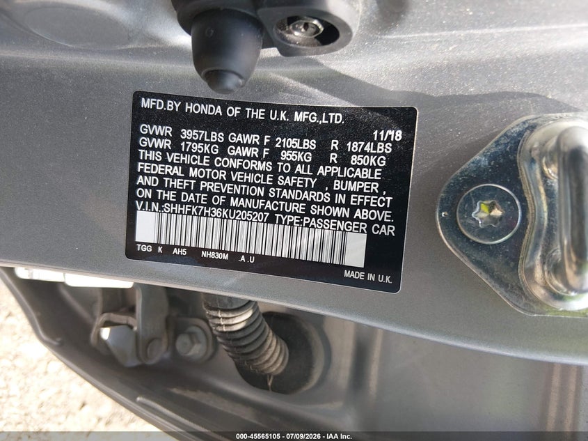 2019 Honda Civic VIN SHHFK7H36KU205207 IAAI salvage auction — REAR END, Salvage (Ohio), sold $3,850 on 2026-07-29 (photo 9)