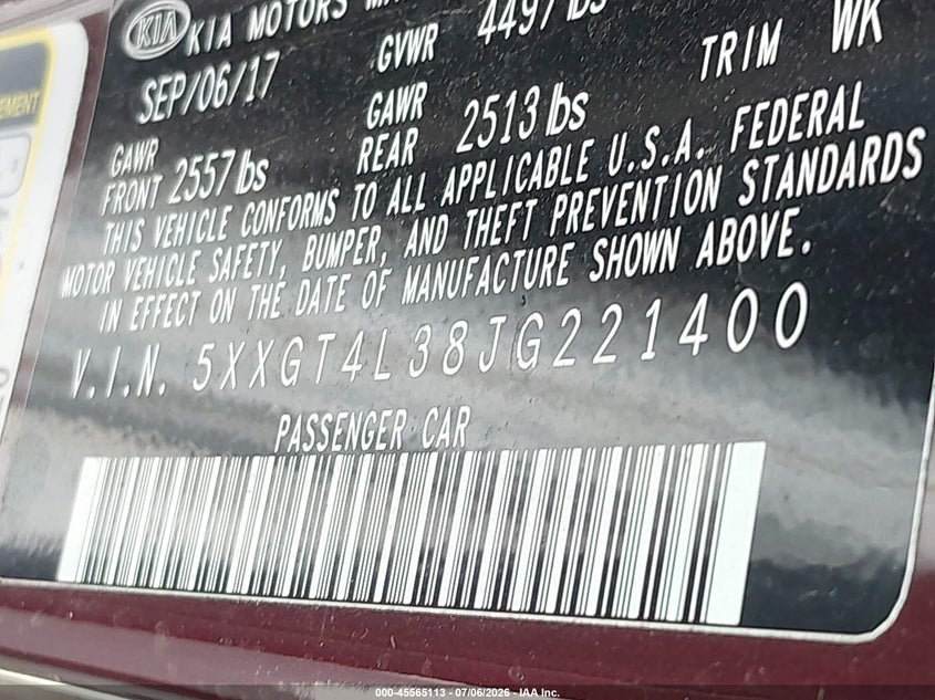 2018 Kia Optima VIN 5XXGT4L38JG221400 IAAI salvage auction — NORMAL WEAR, Salvage Title, sold $2,625 on 2026-07-10 (photo 9)
