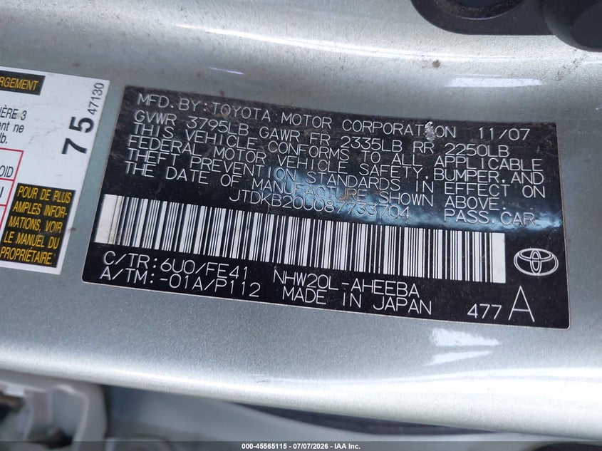 2008 Toyota Prius VIN JTDKB20U087733704 IAAI salvage auction — NORMAL WEAR, Salvage (California), sold $25 on 2026-07-28 (photo 9)