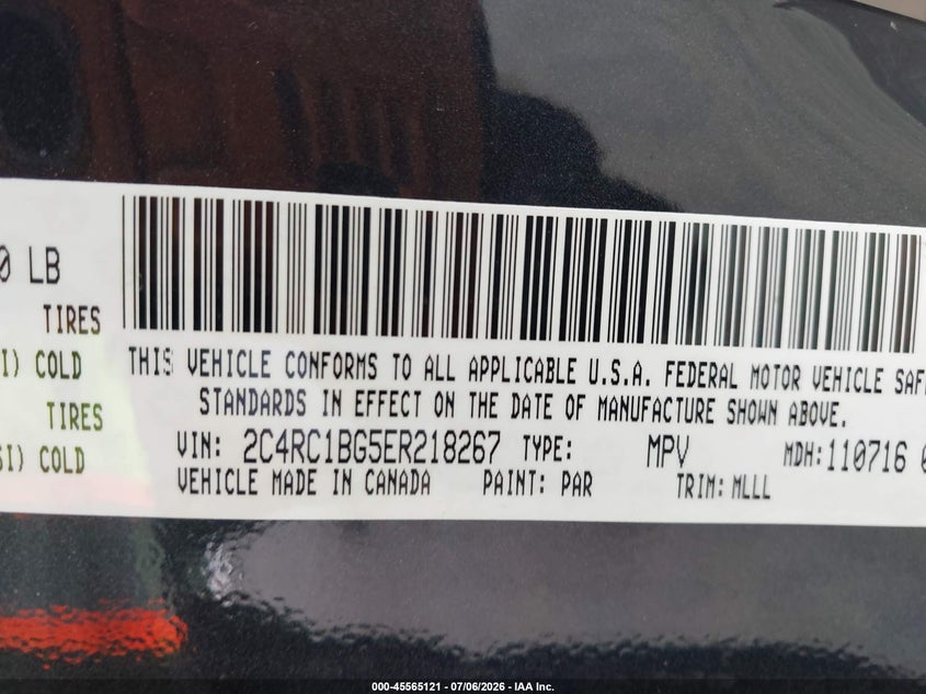 2014 Chrysler Town & country VIN 2C4RC1BG5ER218267 IAAI salvage auction — FRONT END, Salvage Title, sold $550 on 2026-07-26 (photo 9)