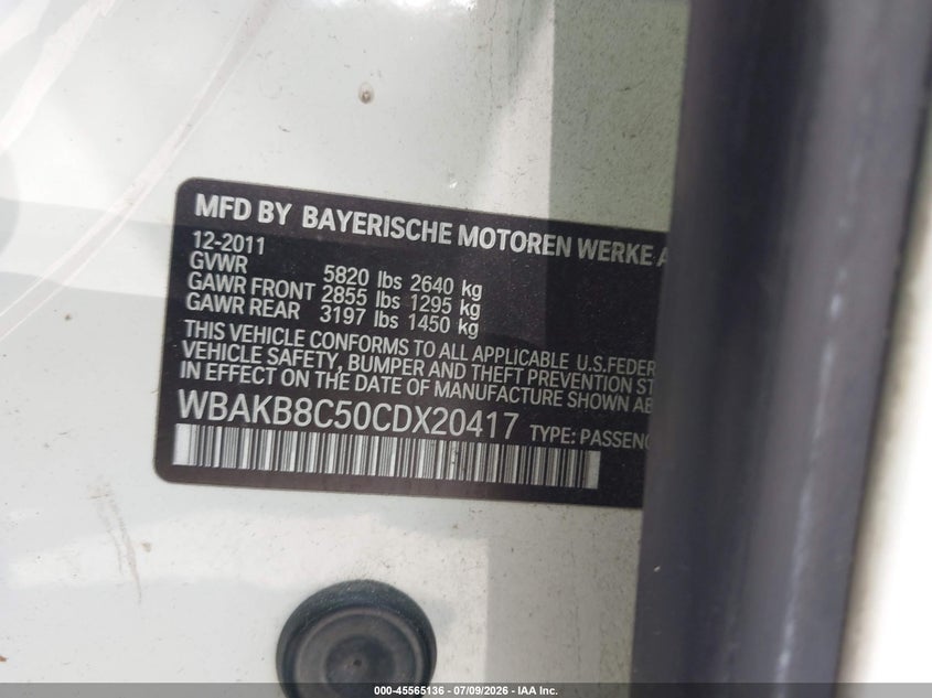 2012 BMW 7er VIN WBAKB8C50CDX20417 IAAI salvage auction — NORMAL WEAR, Clear-Dealer Only (Montana), sold $300 on 2026-07-29 (photo 9)