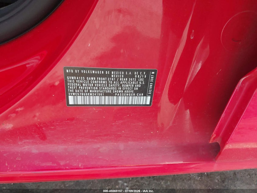 2019 Volkswagen Jetta VIN 3VWC57BU9KM241561 IAAI salvage auction — FRONT END, Salvage Title, sold $725 on 2026-08-23 (photo 9)