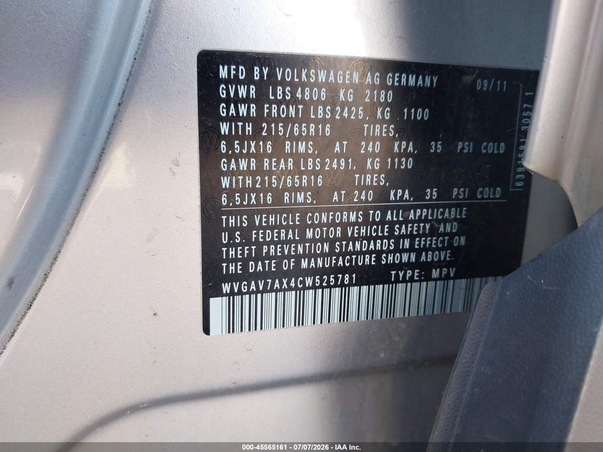2012 Volkswagen Tiguan VIN WVGAV7AX4CW525781 IAAI salvage auction — NORMAL WEAR, Original (Texas), sold $475 on 2026-07-08 (photo 9)