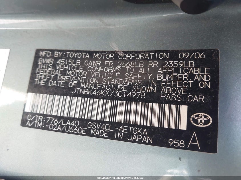 2007 Toyota Camry VIN JTNBK46KX73014978 IAAI salvage auction — NORMAL WEAR, Clear (New York), sold $675 on 2026-07-28 (photo 9)