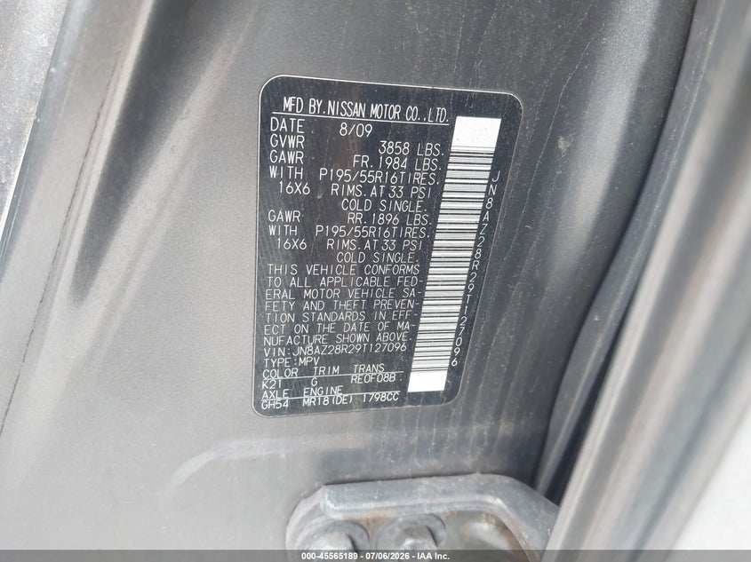 2009 Nissan Cube VIN JN8AZ28R29T127096 IAAI salvage auction — NORMAL WEAR, Clear (New York), sold $300 on 2026-07-22 (photo 9)
