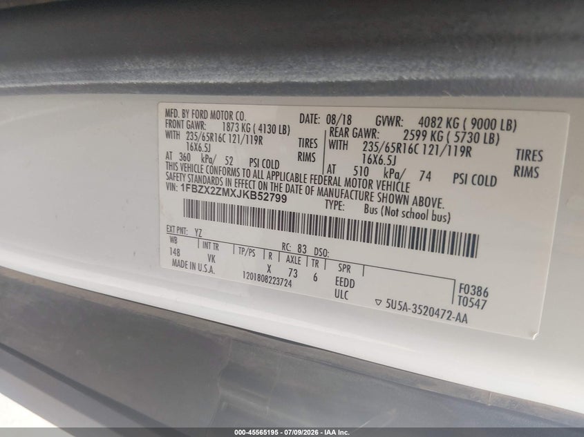 2018 Ford Transit-350 VIN 1FBZX2ZMXJKB52799 IAAI salvage auction — NORMAL WEAR, Sf97 (Texas), sold $13,500 on 2026-09-02 (photo 9)