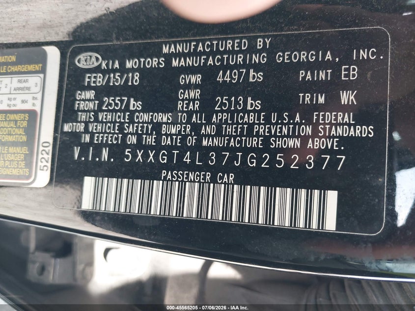 2018 Kia Optima VIN 5XXGT4L37JG252377 IAAI salvage auction — FRONT END, Salvage Title, sold $1,100 on 2026-07-23 (photo 9)