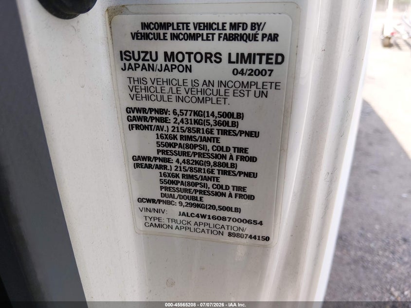 2008 Isuzu Dsl reg VIN JALC4W16087000654 IAAI salvage auction — LEFT SIDE, Clear (Maryland), sold $1,325 on 2026-07-09 (photo 8)