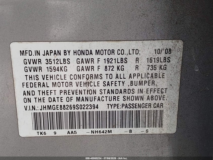 2009 Honda Fit VIN JHMGE88269S022394 IAAI salvage auction — NORMAL WEAR, Clear (Florida), sold $475 on 2026-07-29 (photo 9)