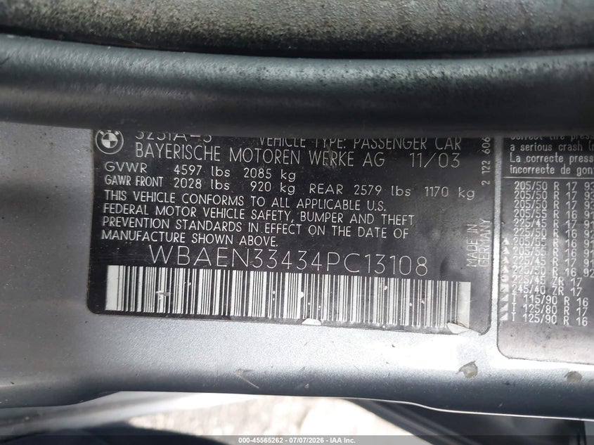 2004 BMW 3 series VIN WBAEN33434PC13108 IAAI salvage auction — FRONT END, Salvage (Idaho), sold $225 on 2026-07-22 (photo 9)
