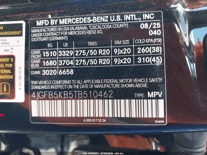 2026 Mercedes-benz Gle VIN 4JGFB5KB5TB510462 IAAI salvage auction — REAR END, Salvage Title, sold $34,000 on 2026-09-18 (photo 9)