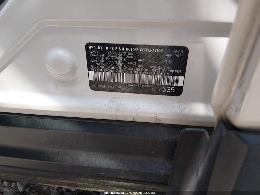 2019 Mitsubishi ECLIPSE VIN JA4AS3AA0KZ049604 IAAI salvage auction — NORMAL WEAR, Clear (Tennessee), sold $2,300 on 2026-07-30 (photo 9)