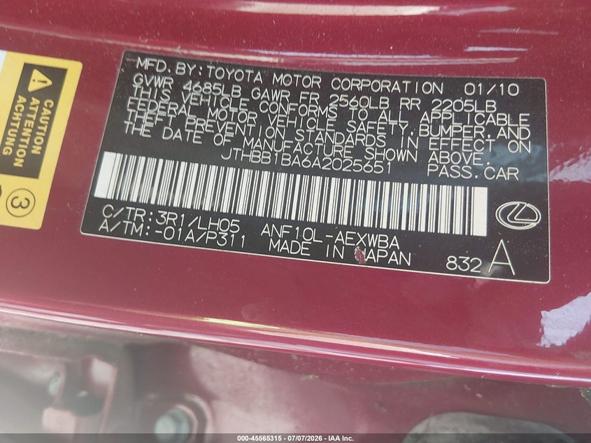 2010 Lexus Hs 250h VIN JTHBB1BA6A2025651 IAAI salvage auction — NORMAL WEAR, Original (Texas), sold $725 on 2026-07-29 (photo 9)