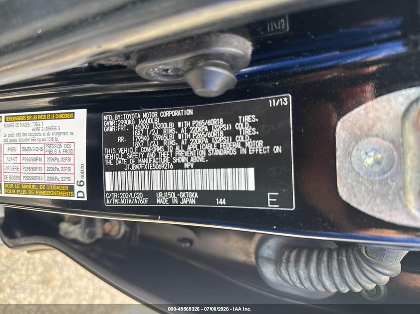 2014 Lexus Gx VIN JTJBM7FX1E5069216 IAAI salvage auction — LEFT FRONT, Salvage Title, sold $13,275 on 2026-07-29 (photo 9)