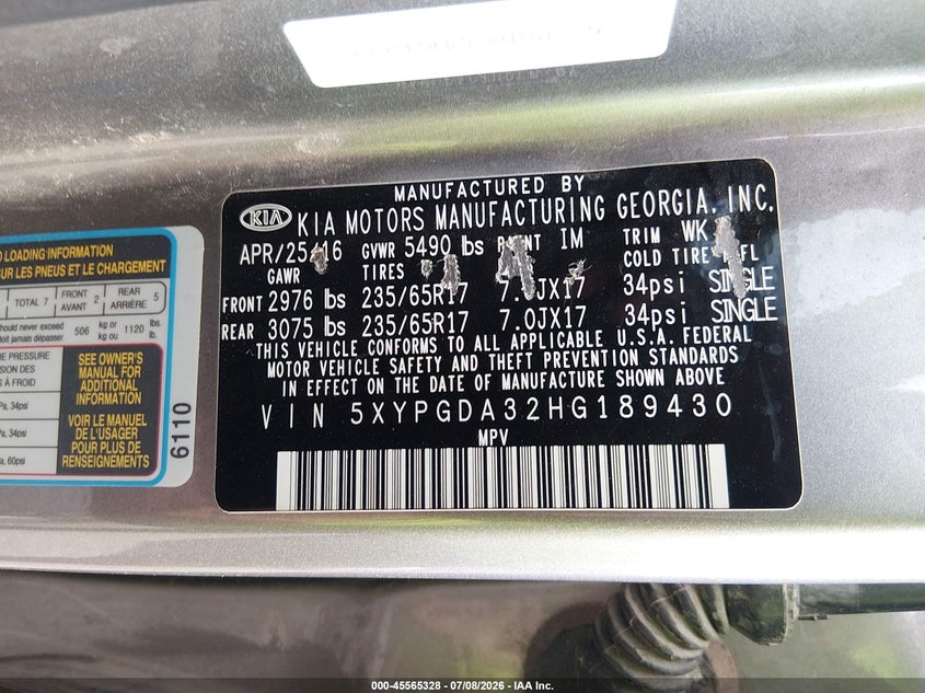 2017 Kia Sorento VIN 5XYPGDA32HG189430 IAAI salvage auction — NORMAL WEAR, Clear (Texas), sold $2,500 on 2026-07-13 (photo 9)