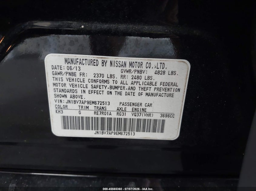 2014 Infiniti Q50 VIN JN1BV7AP9EM672513 IAAI salvage auction — LEFT SIDE, Rebuildable (Florida), sold $1,050 on 2026-08-01 (photo 9)