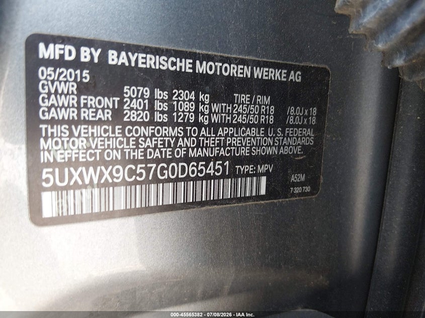 2016 BMW X3 VIN 5UXWX9C57G0D65451 IAAI salvage auction — NORMAL WEAR, Clear (South Carolina), sold $2,325 on 2026-07-29 (photo 9)