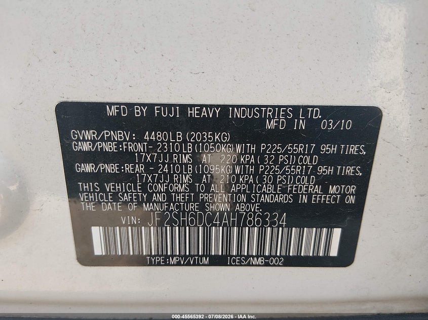2010 Subaru Forester VIN JF2SH6DC4AH786334 IAAI salvage auction — NORMAL WEAR, Clear (Washington), sold $25 on 2026-07-16 (photo 9)