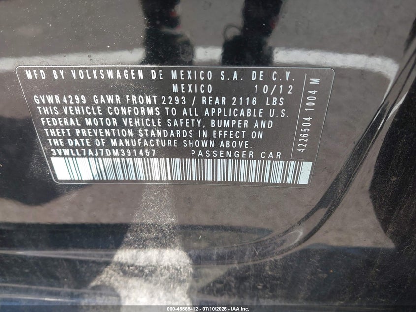 2013 Volkswagen Jetta VIN 3VWLL7AJ7DM391457 IAAI salvage auction — NORMAL WEAR, Clear (Mississippi), sold $750 on 2026-08-03 (photo 9)